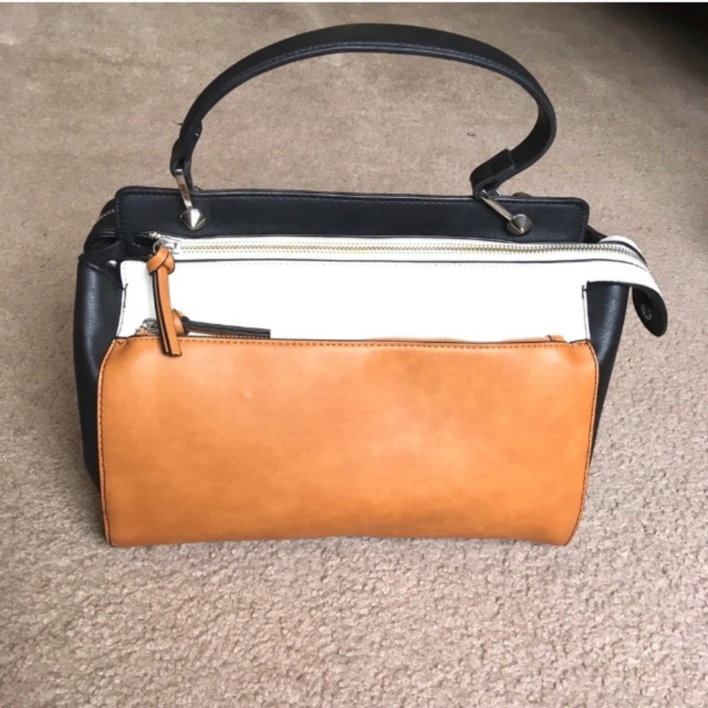Justfab color block satchel purse tan black